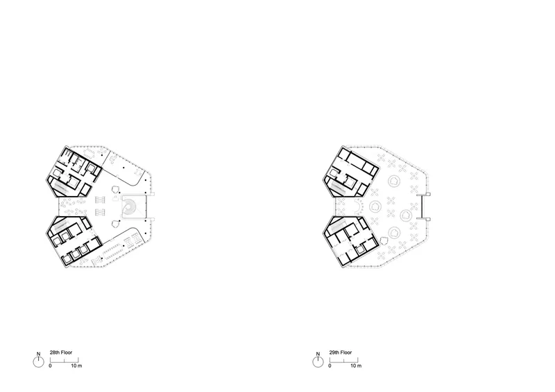 Floor plan drawing of the 28th level showing the pentagonal wings with landscaped terraces