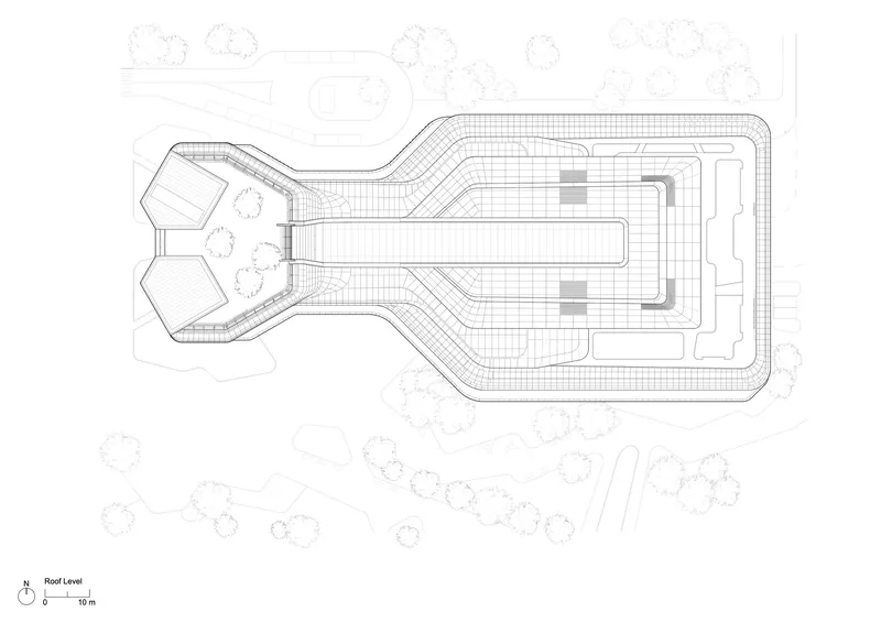Roof level plan drawing showing the curved geometry with gridded surfaces and surrounding trees