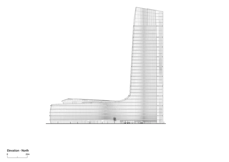 North elevation drawing showing the tall tower rising from a low horizontal podium base