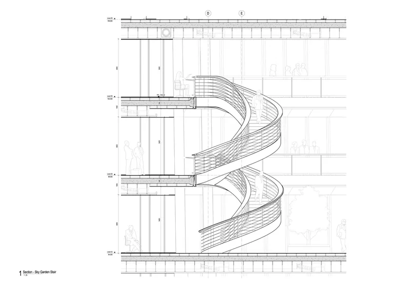 Section detail drawing of a spiral stair connecting three floors with human figures for scale