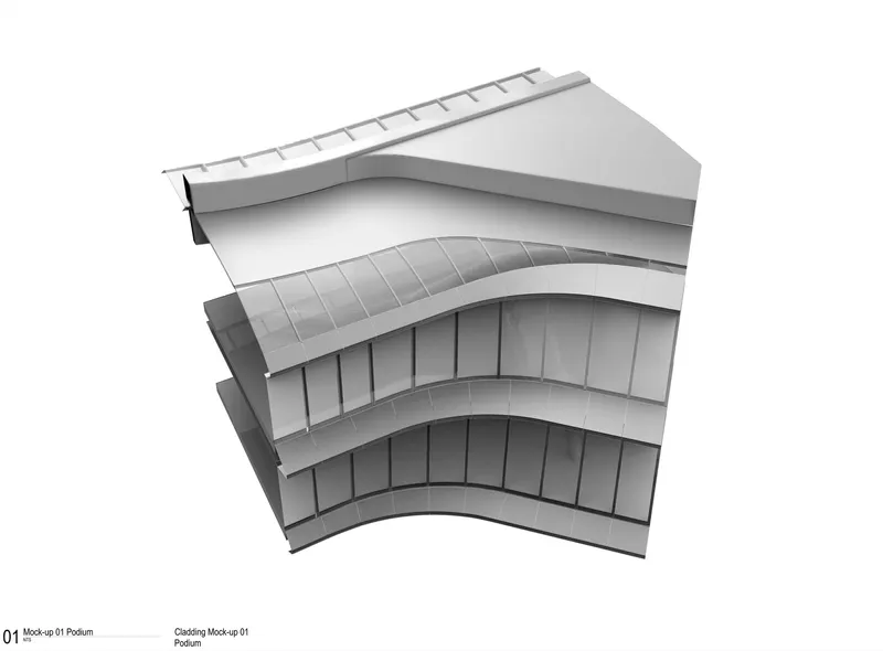 Cladding mock-up model detail of curved podium facade with vertical glass panel system
