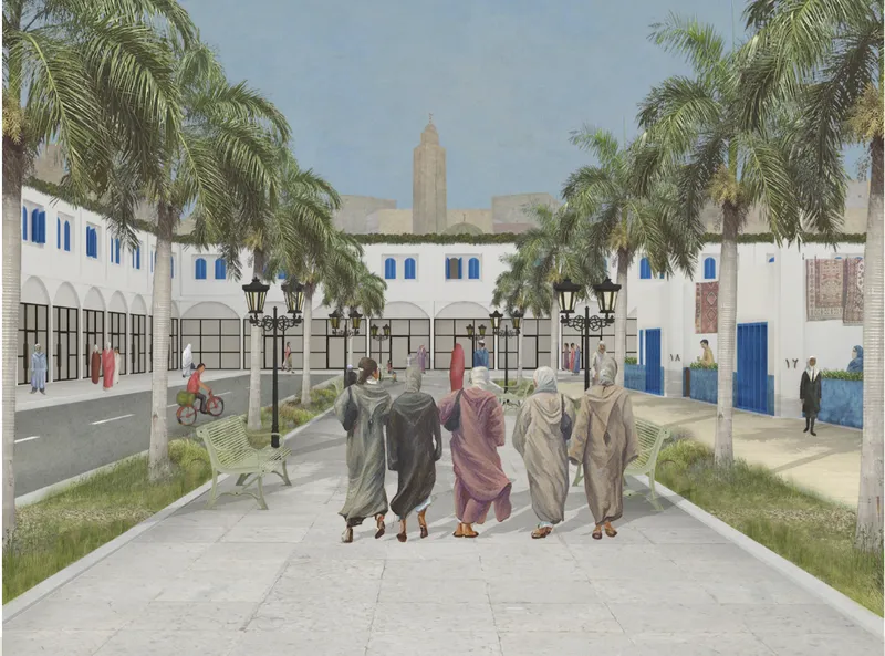 Palm-Lined Community Boulevard Designed to Encourage Social Interaction, Walkability, and Intergenerational Living.