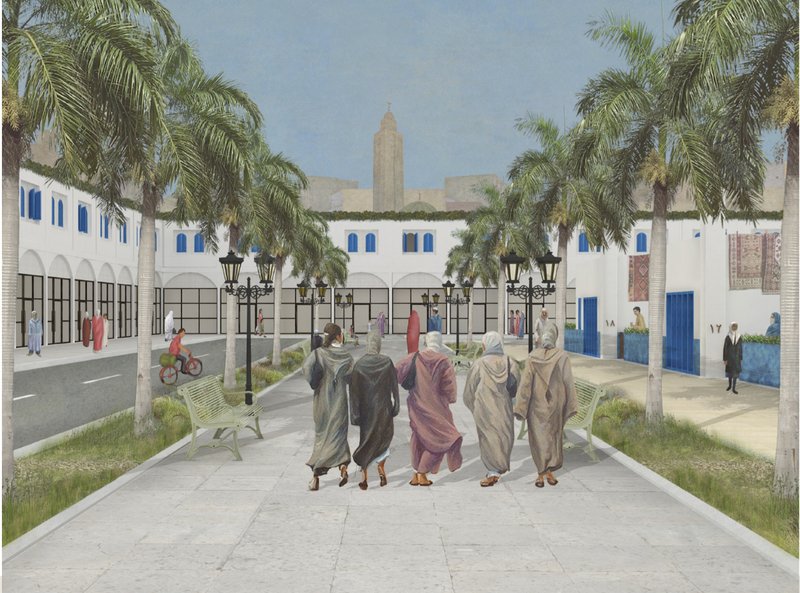 Palm-Lined Community Boulevard Designed to Encourage Social Interaction, Walkability, and Intergenerational Living.
