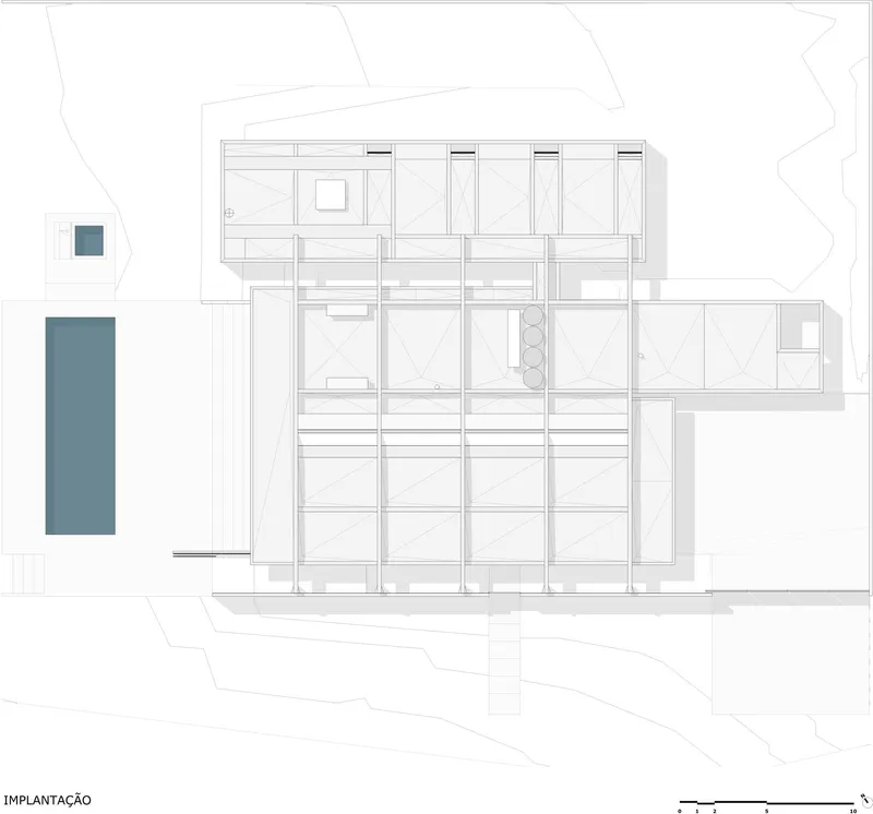 Site plan drawing showing the building footprint with two rectangular volumes at left