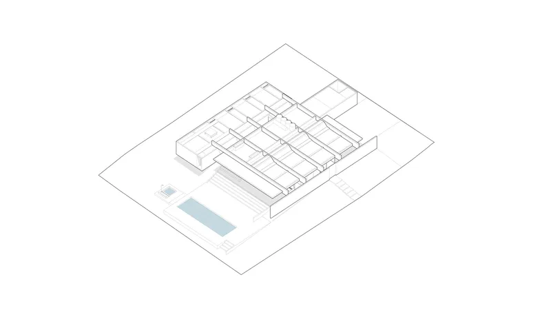 Axonometric drawing showing the roof structure, interior layout, and pool on the site