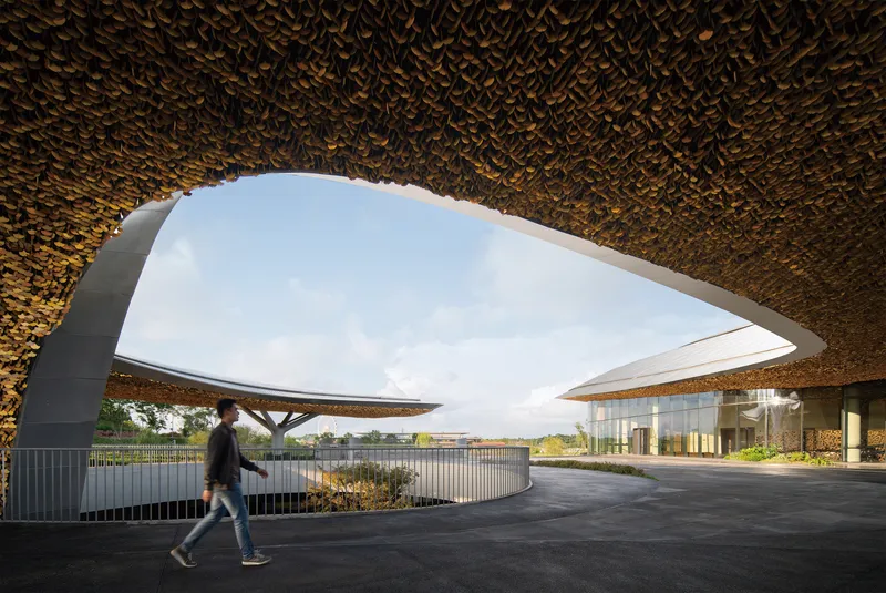 Covered entry drive with a pedestrian passing beneath the sweeping golden textured canopy