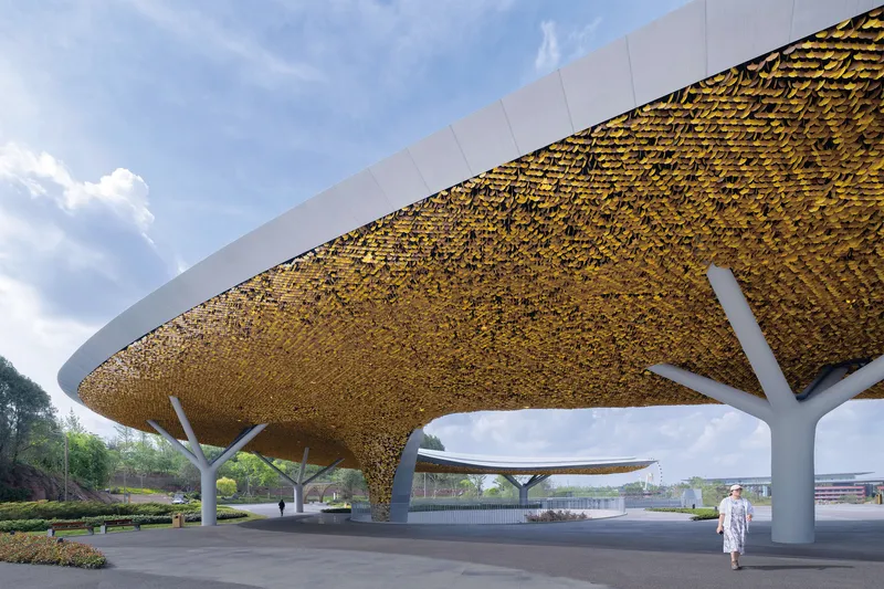 Underside view of the golden textured canopy supported by branching white columns