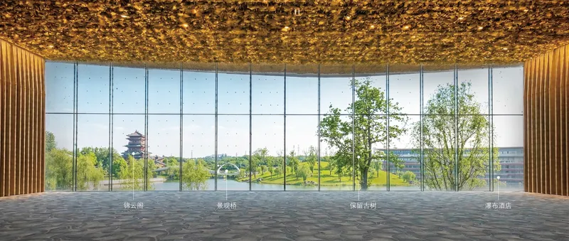 Interior view through floor-to-ceiling glass overlooking trees and a distant pagoda