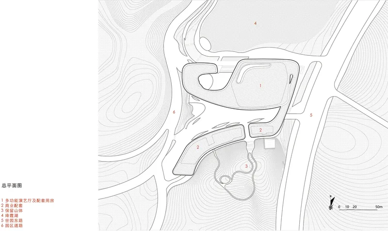 Site plan drawing showing the curving building footprints nestled into the surrounding topography