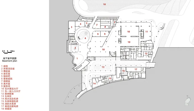 Basement floor plan drawing indicating the layout of rooms and circulation through the irregularly shaped structure