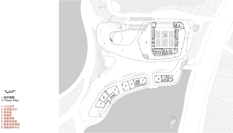 Floor plan drawing showing multiple curved building volumes along a waterfront with topographic contours