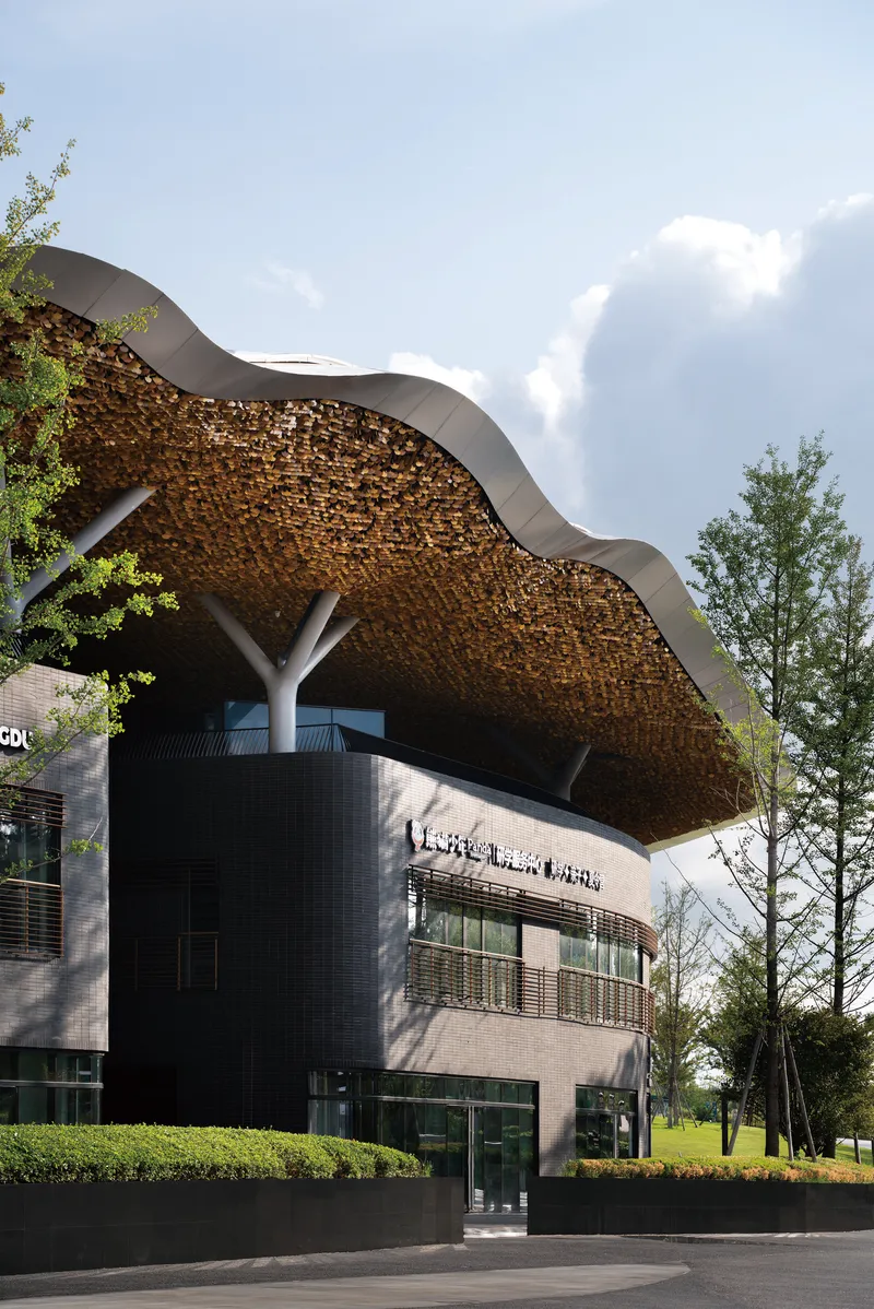 Street view of the woven roof canopy over a dark tile facade with young trees