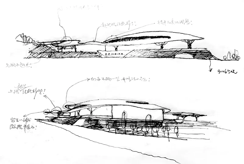 Sketch showing two perspective views of wave-like roof structures supported by columns above horizontal planes
