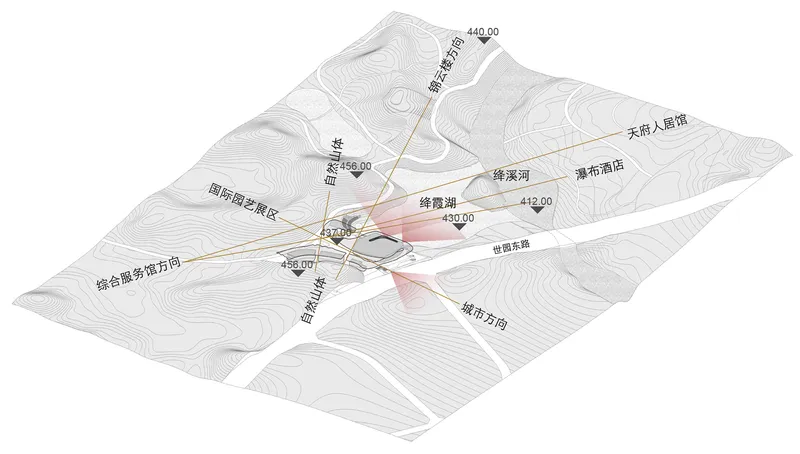Site plan drawing with topographic contours showing three lobed volumes and radiating pathways