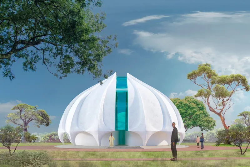 The white spherical chapel form reflects Orthodox tradition while using light, shade, and landscape for calm spiritual experience.
