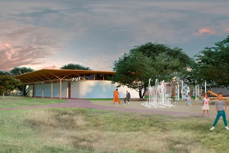 A multifunctional community space supports children, families, learning, and public gathering within the chapel garden.