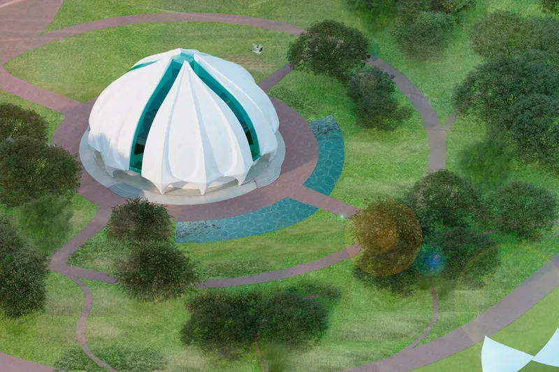 From above, the chapel becomes a central sacred volume surrounded by curved paths, trees, and cooling water elements.