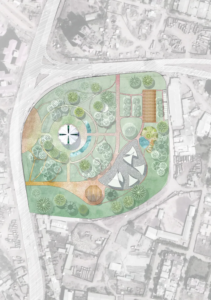 The site plan organizes chapel, garden, playground, tents, water, and community facilities into one nature-friendly urban refuge.