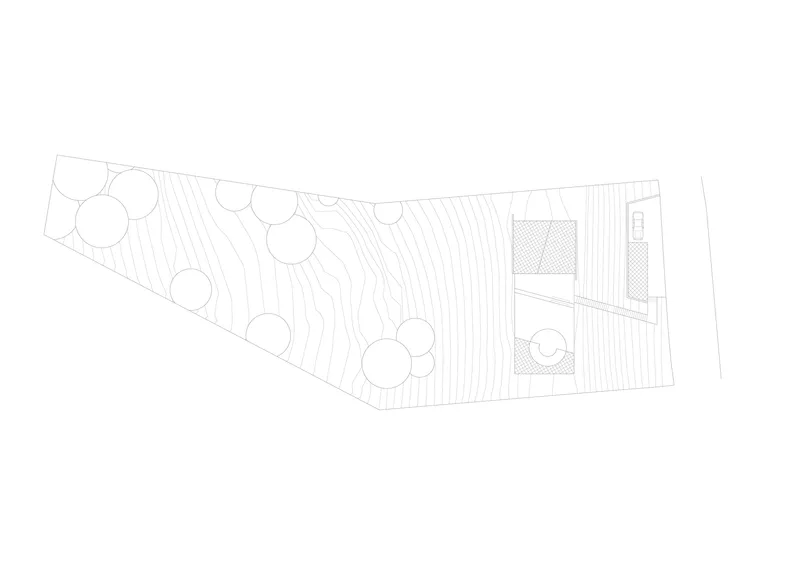 Site plan drawing showing a sloped landscape with circular tree canopies and two rectilinear volumes