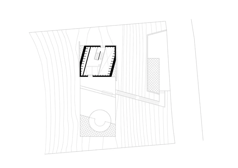 Roof plan drawing showing a parallelogram-shaped volume with vertical louvers beside a circular paved area