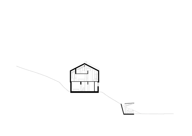 Section drawing showing a gabled house on sloping terrain with interior levels and a separate lower structure