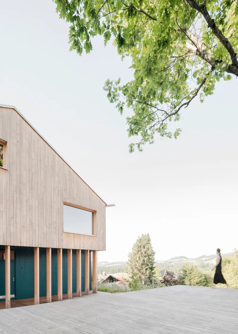 Timber deck terrace with vertical slat screen and overhanging tree branches framing the view