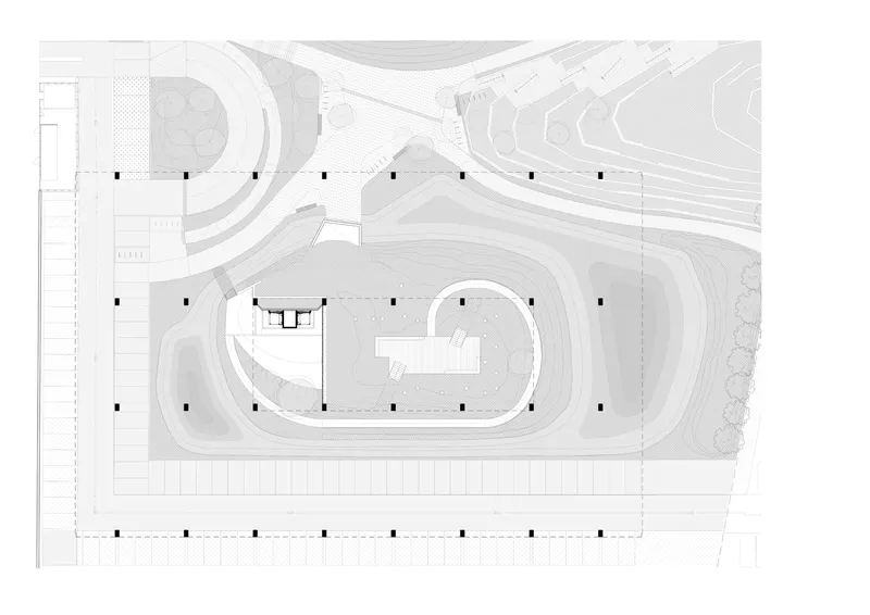 Site plan drawing showing the elevated structure footprint with surrounding topographic contours and road alignments