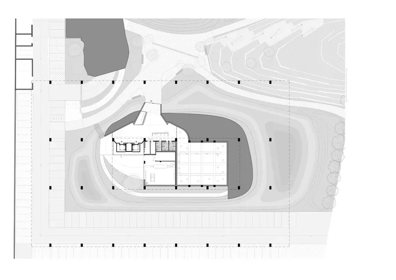 Site plan drawing with phasing diagram showing the structure in darker shading within landscaped terraces
