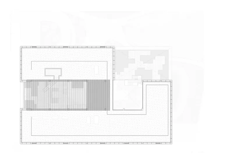 Roof plan showing rectangular volumes with a central courtyard and slatted timber decking