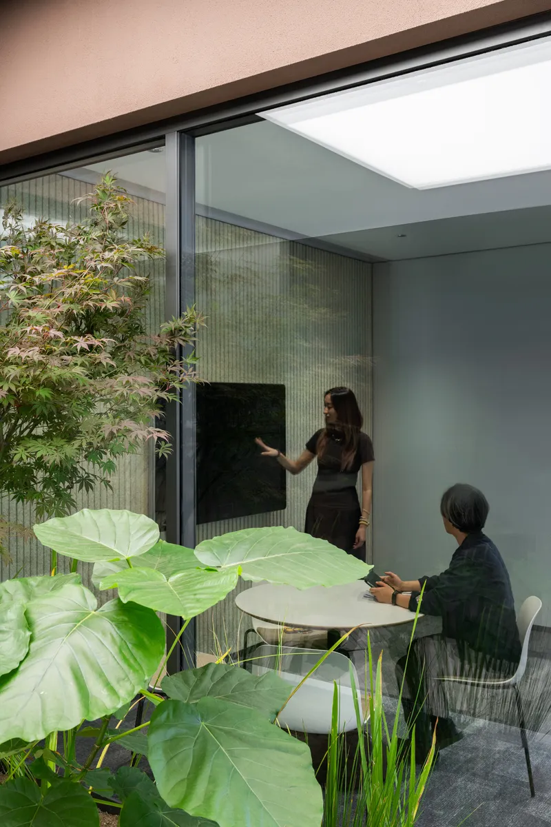 Interior courtyard terrace with two people seated at a round table amid elephant ear plants