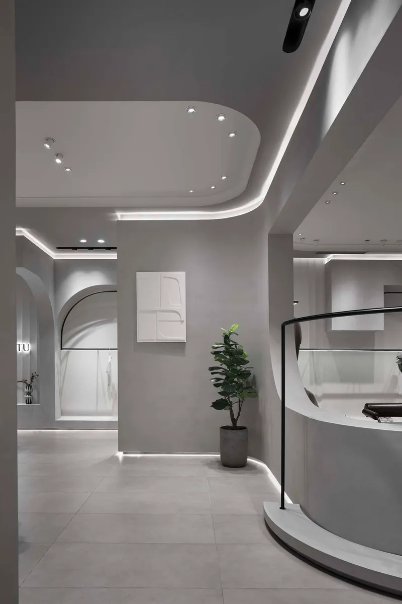 Hallway view with potted plant flanked by curved display counters and coffered ceiling above