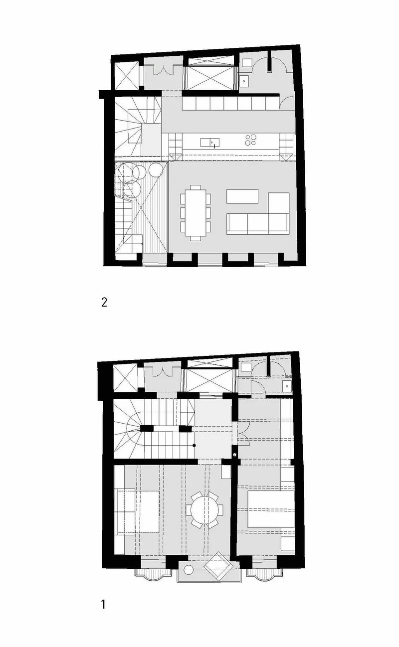Floor plan drawings showing upper levels with open living space and terrace with planted edge