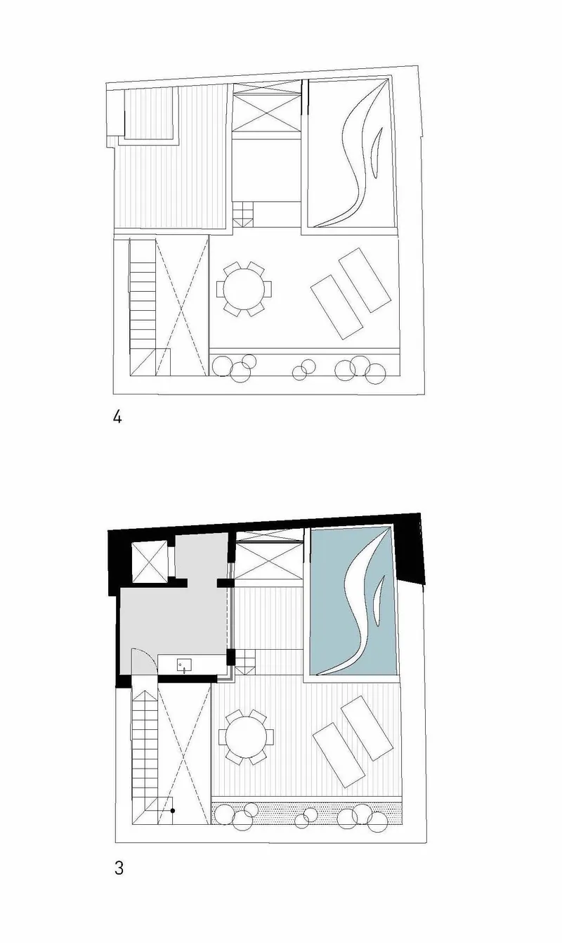 Floor plan drawings showing roof terrace level with pool and outdoor dining area