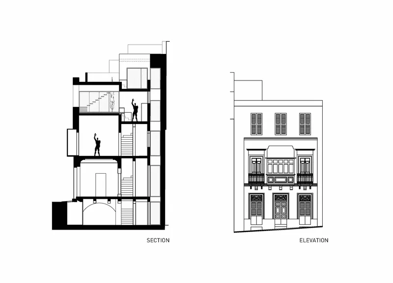 Section and elevation drawings showing four-story interior with figures on stairs and traditional shophouse facade
