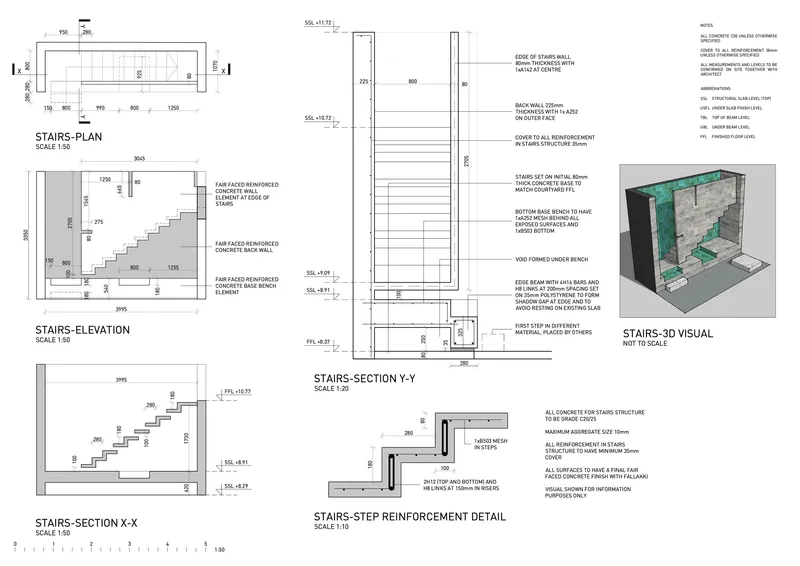 Construction detail drawings showing stair plan, elevations, sections and reinforced concrete construction with 3D visual