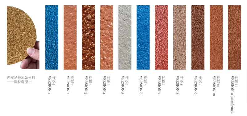 Material sample board displaying twelve ceramic clay tile finishes in earth tones, blues, and terracotta