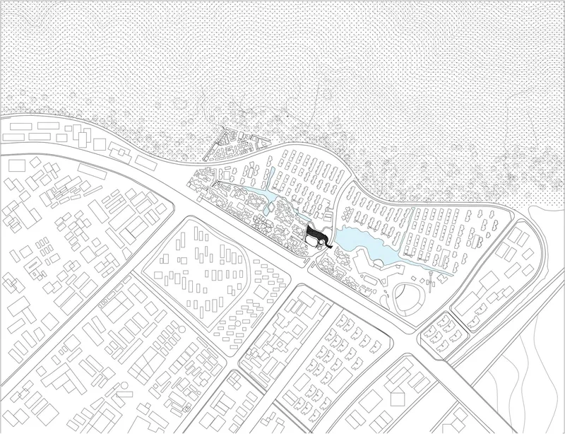 Site plan drawing showing building footprint within surrounding street grid and adjacent water feature