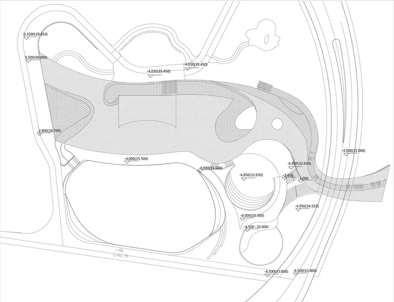 Roof plan drawing depicting organic curved forms with circular openings and elevation contour lines