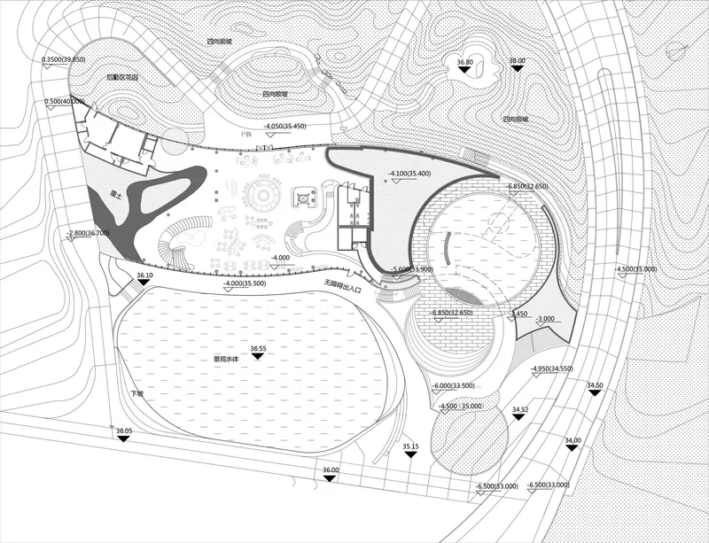 Site plan drawing with topographic contours showing building placement among landscaped terraces and pathways