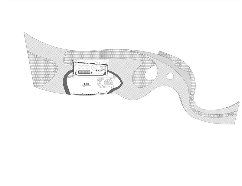 Floor plan drawing of a single lobed volume with organic perimeter and central programmatic spaces