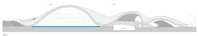 Section drawing showing arched roof structures with ribbed vaulting and a reflecting pool