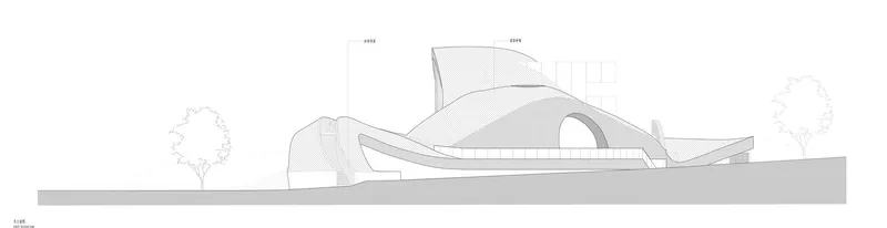 Elevation drawing showing layered curved roof forms with structural ribs and flanking trees
