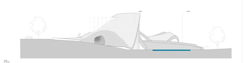 Elevation drawing of angled roof volumes with diagonal bracing and a linear water feature