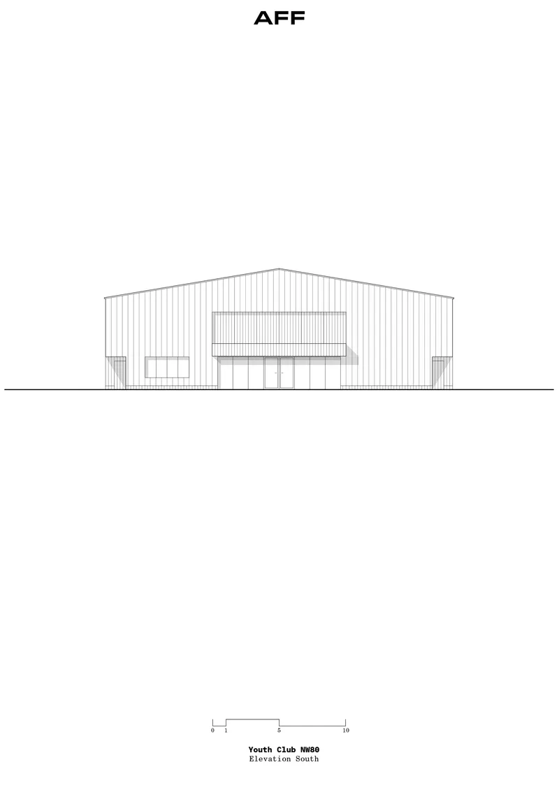 Elevation drawing showing a gabled structure with vertical cladding and a central rectangular window opening
