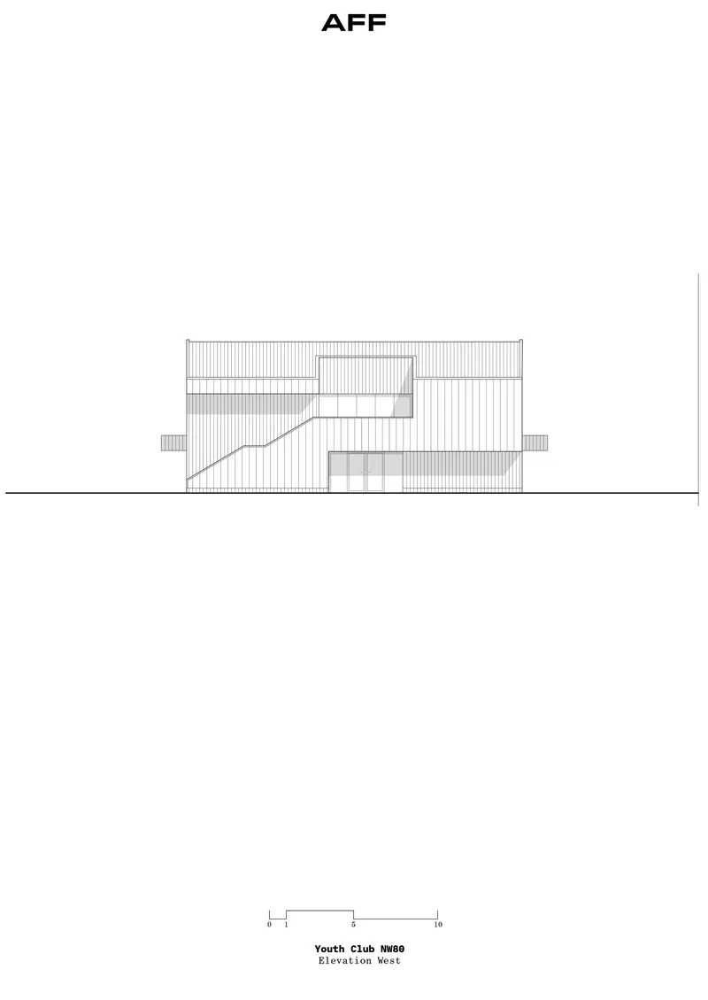 Elevation drawing showing stepped volumes with vertical cladding and a curving entry canopy