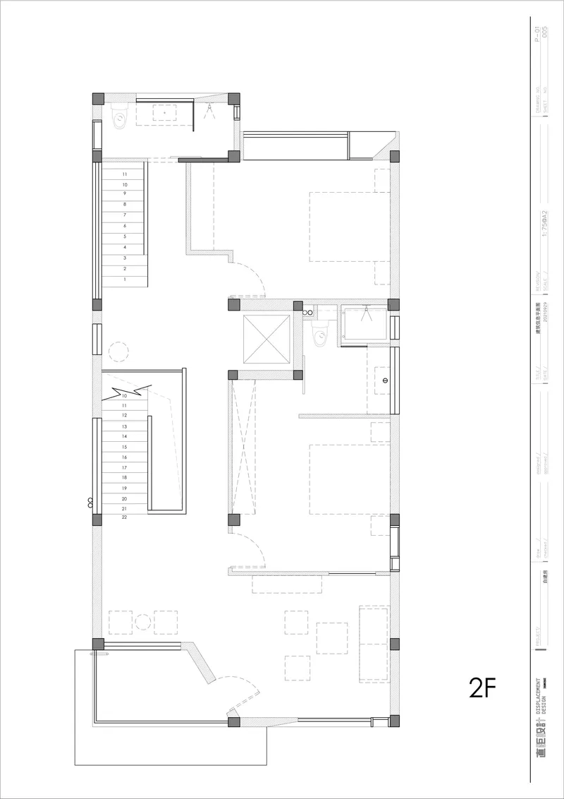 Second floor plan depicting bedroom spaces, central staircase, and balcony extension