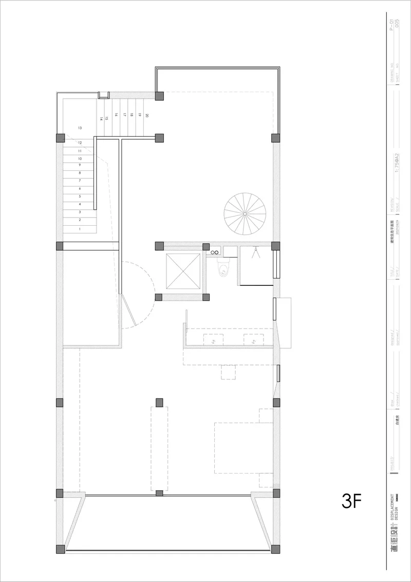 Third floor plan featuring spiral staircase, enclosed room, and open terrace area