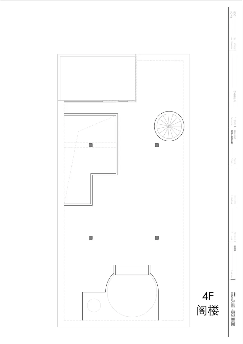 Fourth floor plan with rooftop terrace, spiral staircase, and curved balcony element
