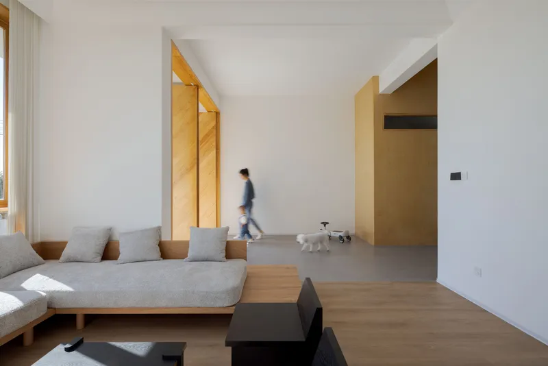 Living room with plywood doors and white dog walking past daybed in soft afternoon light