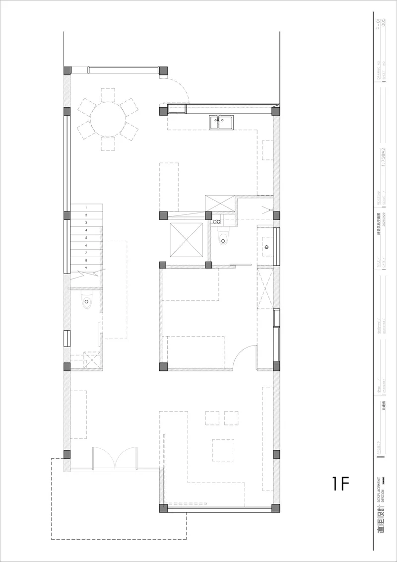 First floor plan showing dining area, kitchen, staircase, and outdoor terrace spaces